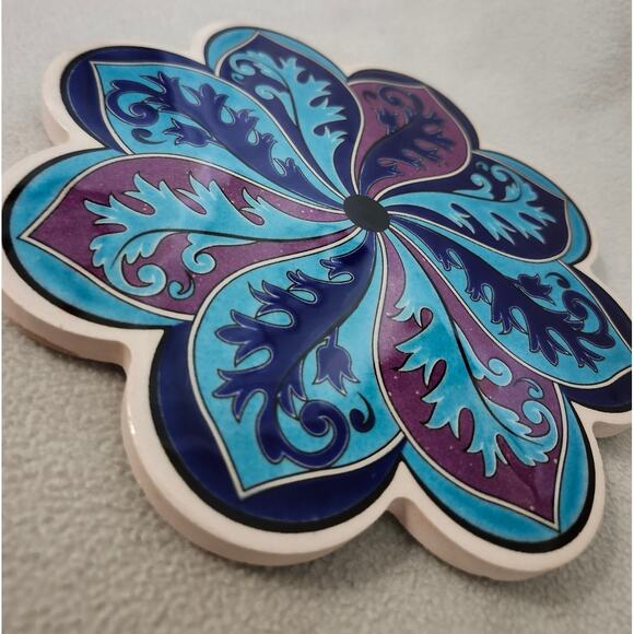 Vintage Turkish Ceramic Art Trivet Hot Plate Blue Swirl Floral Peacock Purple - Picture 5 of 6